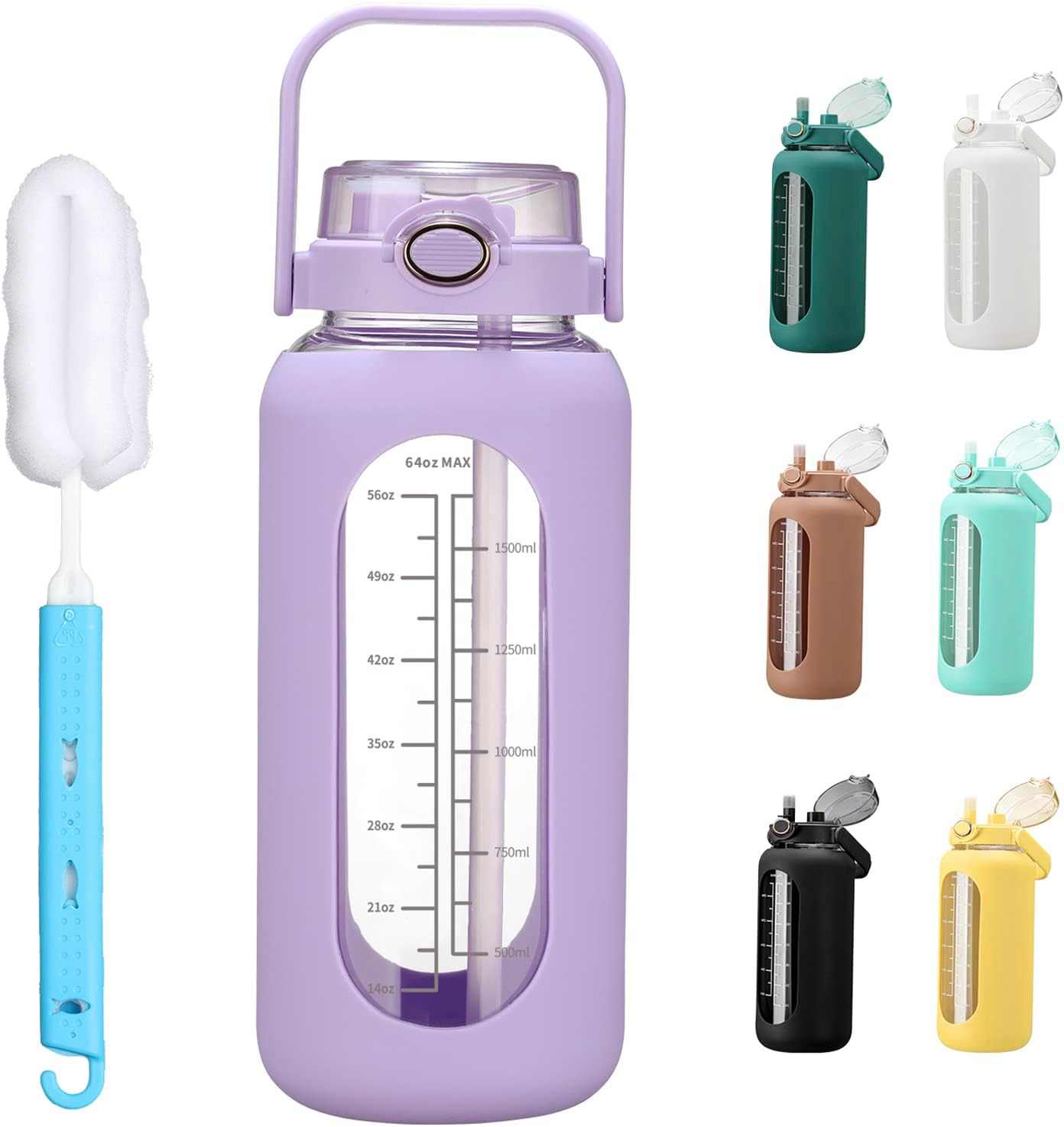 CHONMOU 64oz Motivational Sports Water Bottle with Straw – Large Capacity Gym Water Jug with Time Markers, Silicone Lid & Carry Handle