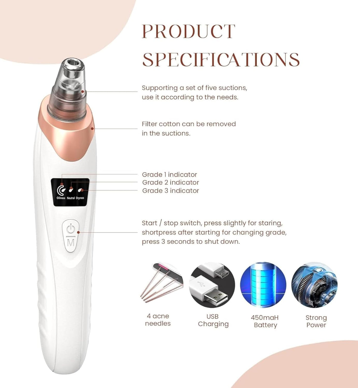 2024 Blackhead Remover Pore Vacuum,Facial Pore Cleaner-5 Suction Power,5 Probes,USB Rechargeable Blackhead Vacuum Kit Electric Acne Extractor Tool for Adult (White)