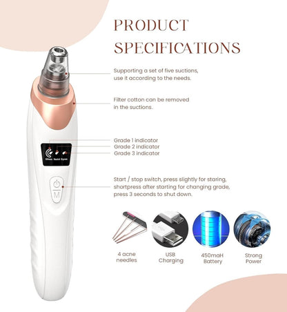 2024 Blackhead Remover Pore Vacuum,Facial Pore Cleaner-5 Suction Power,5 Probes,USB Rechargeable Blackhead Vacuum Kit Electric Acne Extractor Tool for Adult (White)