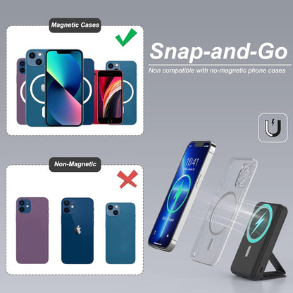 AOGUERBE Foldable 10000mAh Wireless Portable Charger for iPhone 15/14/13/12 Pro/Pro Max/Plus/Mini (Black + Black)
