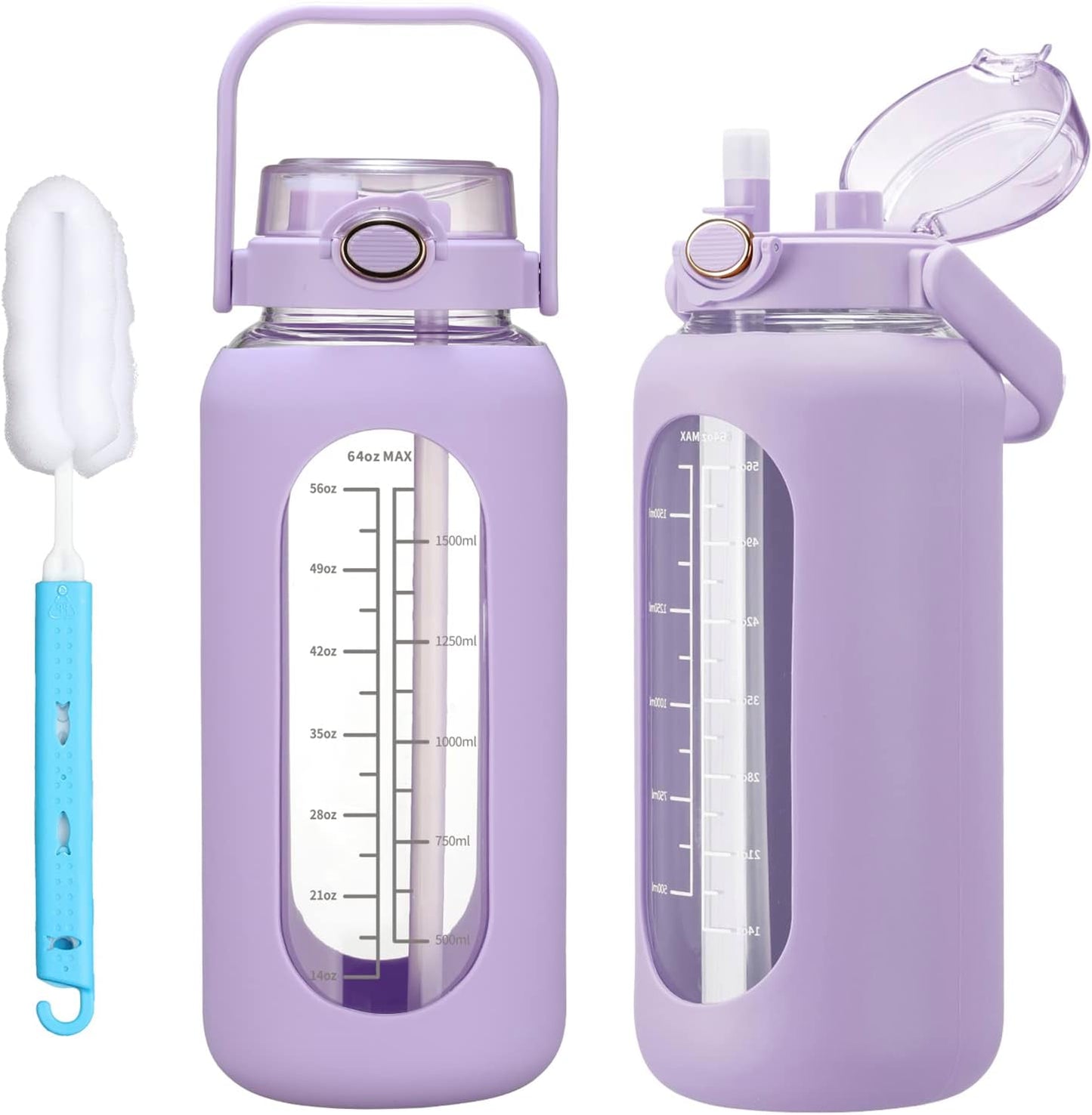 CHONMOU 64oz Motivational Sports Water Bottle with Straw – Large Capacity Gym Water Jug with Time Markers, Silicone Lid & Carry Handle