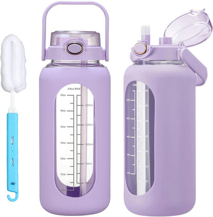 CHONMOU 64oz Motivational Sports Water Bottle with Straw – Large Capacity Gym Water Jug with Time Markers, Silicone Lid & Carry Handle