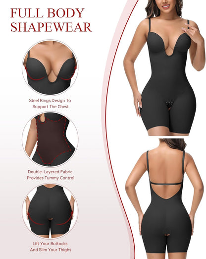 SHAPSHE Backless Shapewear Strapless Deep U Plunge Bodysuit for Women Built In Bra Tummy Control Low Back Body Shaper