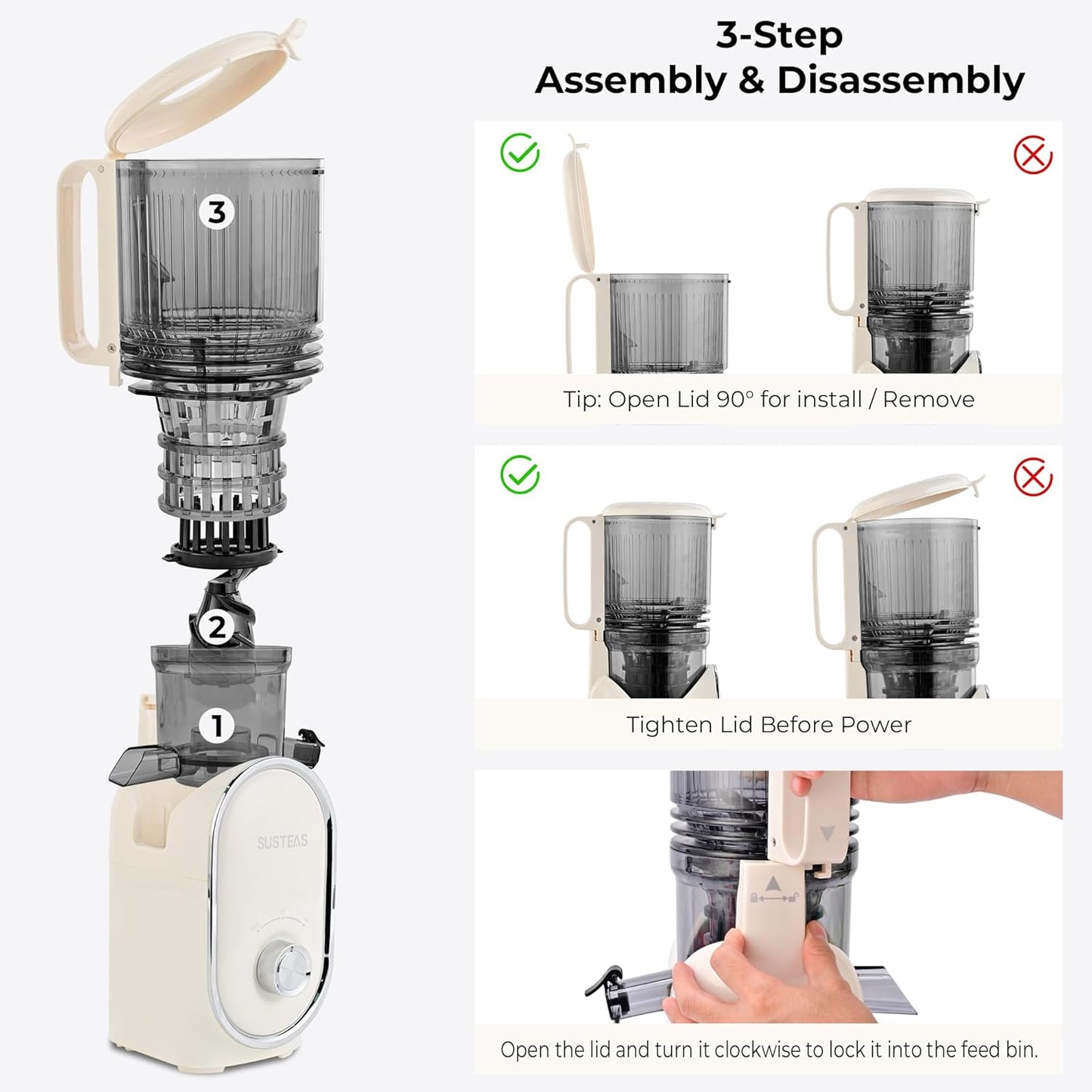 SUSTEAS Cold Press Juicer, 5.3" Feed Chute Slow Masticating Machines with 300W, Fit Whole Fruits & Vegetables, High Juice Yield, Easy to Clean, White
