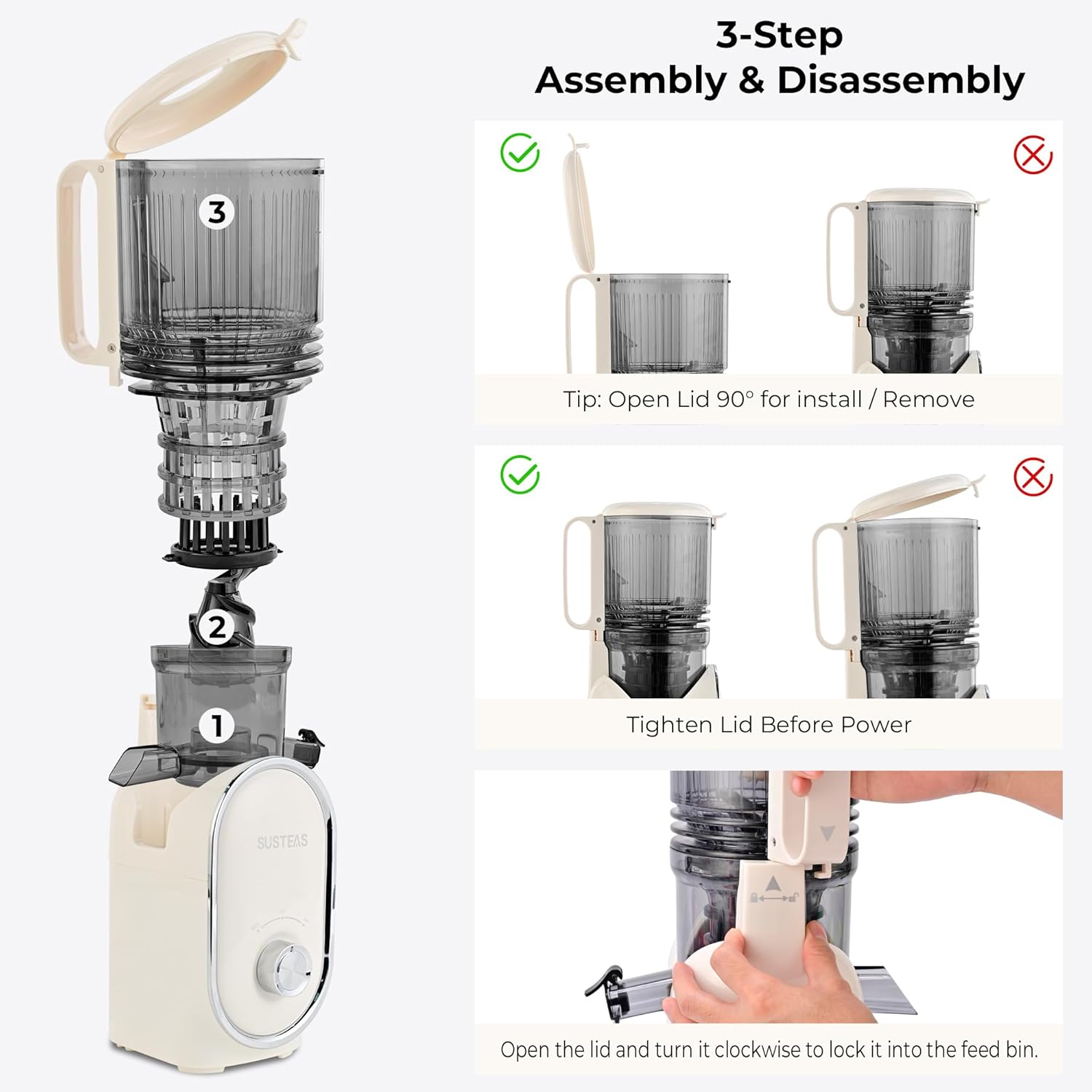 SUSTEAS Cold Press Juicer, 5.3" Feed Chute Slow Masticating Machines with 300W, Fit Whole Fruits & Vegetables, High Juice Yield, Easy to Clean, White