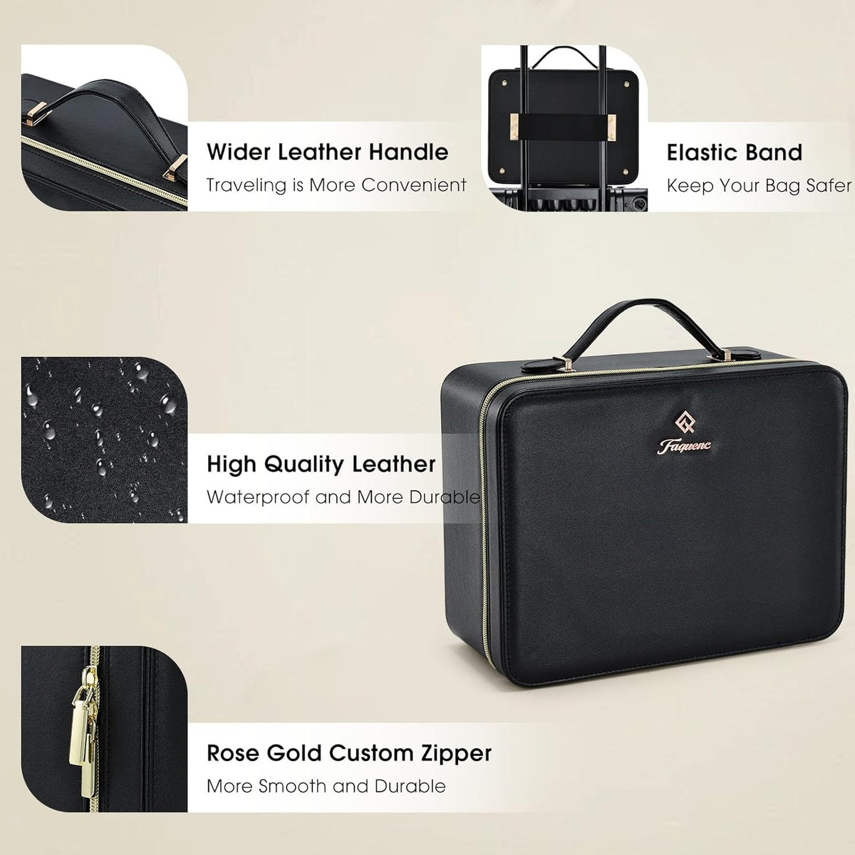 Faquenc 11.4 Inch Extra Large Makeup Bag with LED Lighted Mirror Leather Cosmetic Train Case Light up Mirror Portable Makeup Artist Storage Bag with Dividers Makeup Brush Holder Vanity Black