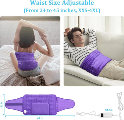 Heating Pad for Period Cramps Back Pain Electric Heating Pad Menstrual Lower Back Neck Shoulders Pain Relief 6-Hour Auto Off 12x24 Heated Pad + 20" Belt 4 Timer 6 Heat Level Wrap (Purple)