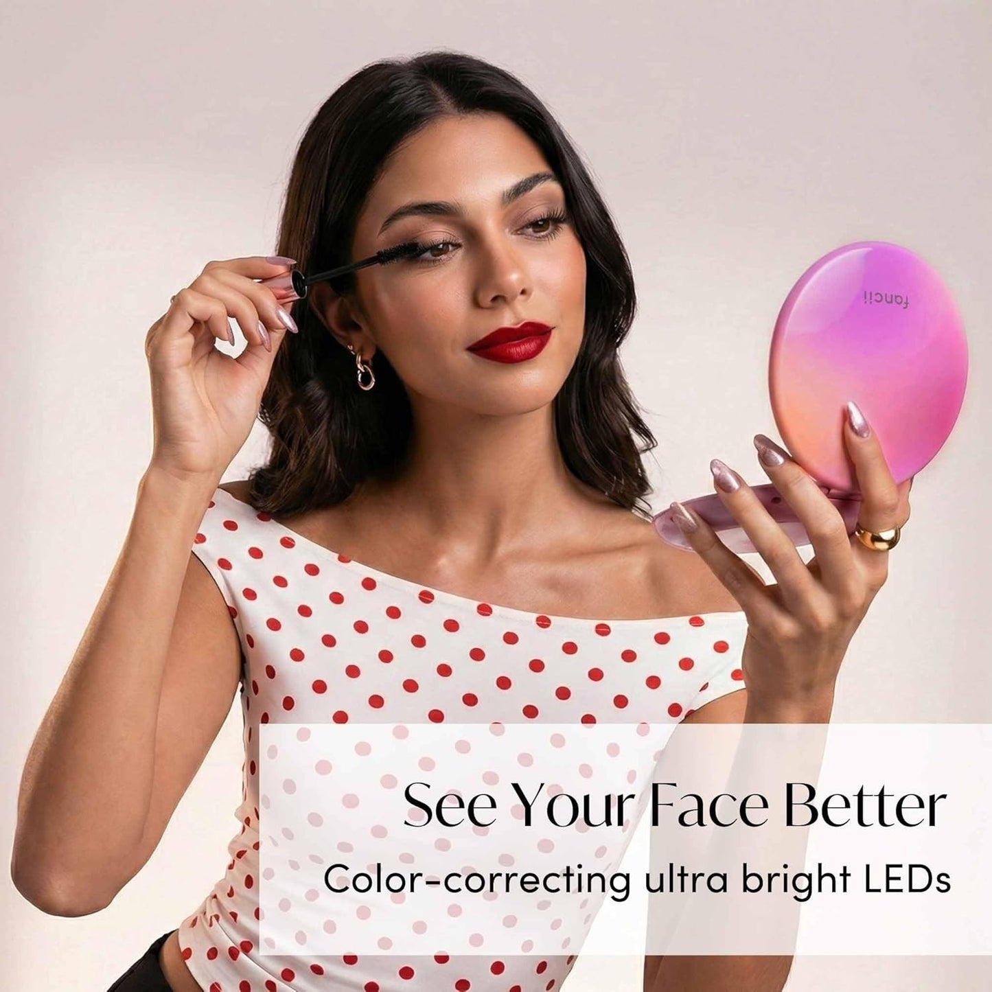 Fancii Taylor LED Lighted Travel Makeup Mirror, Rechargeable, 10x /1x Magnifying, Tru-Glow Lighting System, XL Large 5” Wide | Compact Mirror for Purses (Berry Lemonade)