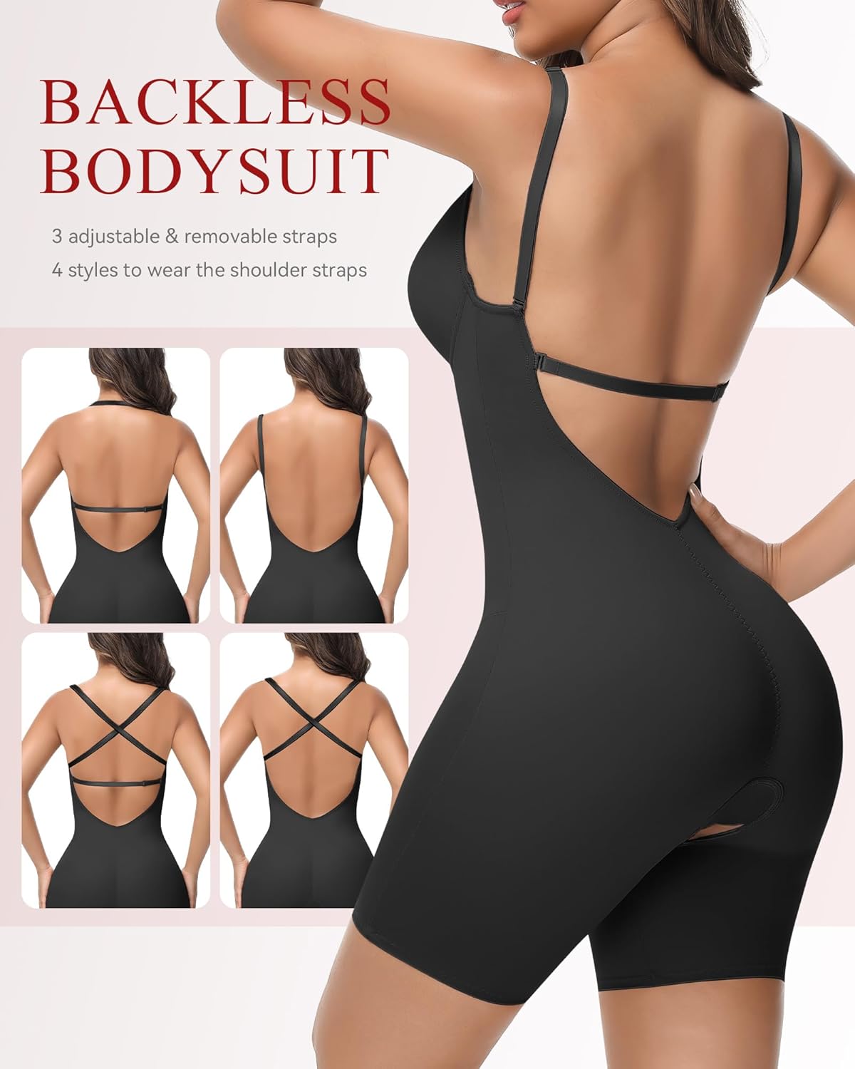 SHAPSHE Backless Shapewear Strapless Deep U Plunge Bodysuit for Women Built In Bra Tummy Control Low Back Body Shaper