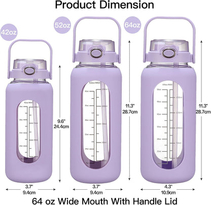 CHONMOU 64oz Motivational Sports Water Bottle with Straw – Large Capacity Gym Water Jug with Time Markers, Silicone Lid & Carry Handle