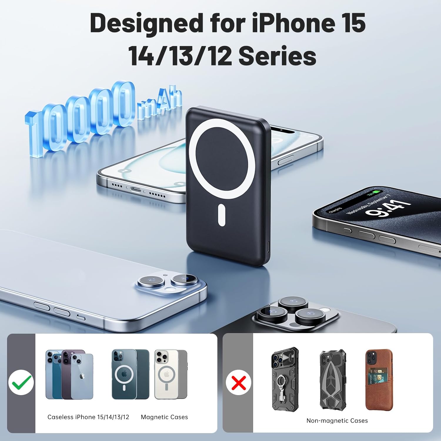 AOGUERBE Foldable 10000mAh Wireless Portable Charger for iPhone 15/14/13/12 Pro/Pro Max/Plus/Mini (Black + Black)