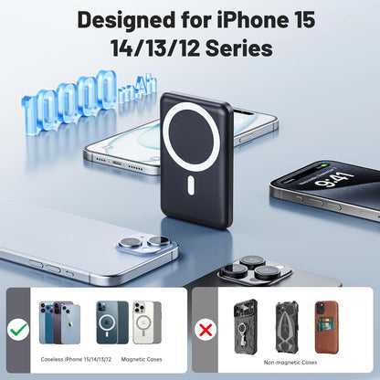AOGUERBE Foldable 10000mAh Wireless Portable Charger for iPhone 15/14/13/12 Pro/Pro Max/Plus/Mini (Black + Black)