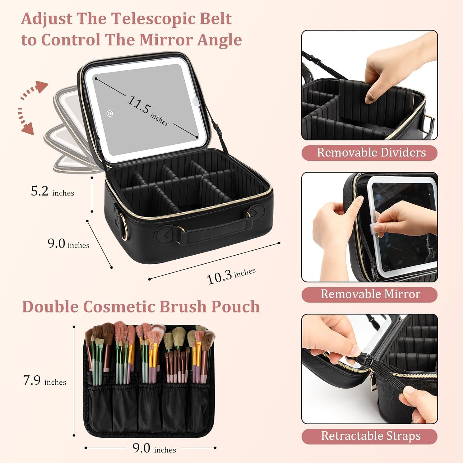 Makeup Organizer with LED Mirror, [3 Color and Stepless Dimmable] Rechargeable LED Light for Makeup Bag Train Case with Brushes Storage Organizer, Travel Box Cosmetic Bag for Women (Black)