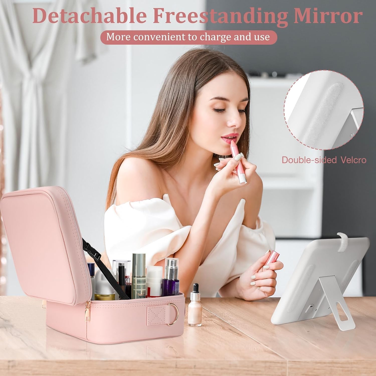 Makeup Organizer with LED Mirror, [3 Color and Stepless Dimmable] Rechargeable LED Light for Makeup Bag Train Case with Brushes Storage Organizer, Travel Box Cosmetic Bag for Women (Black)