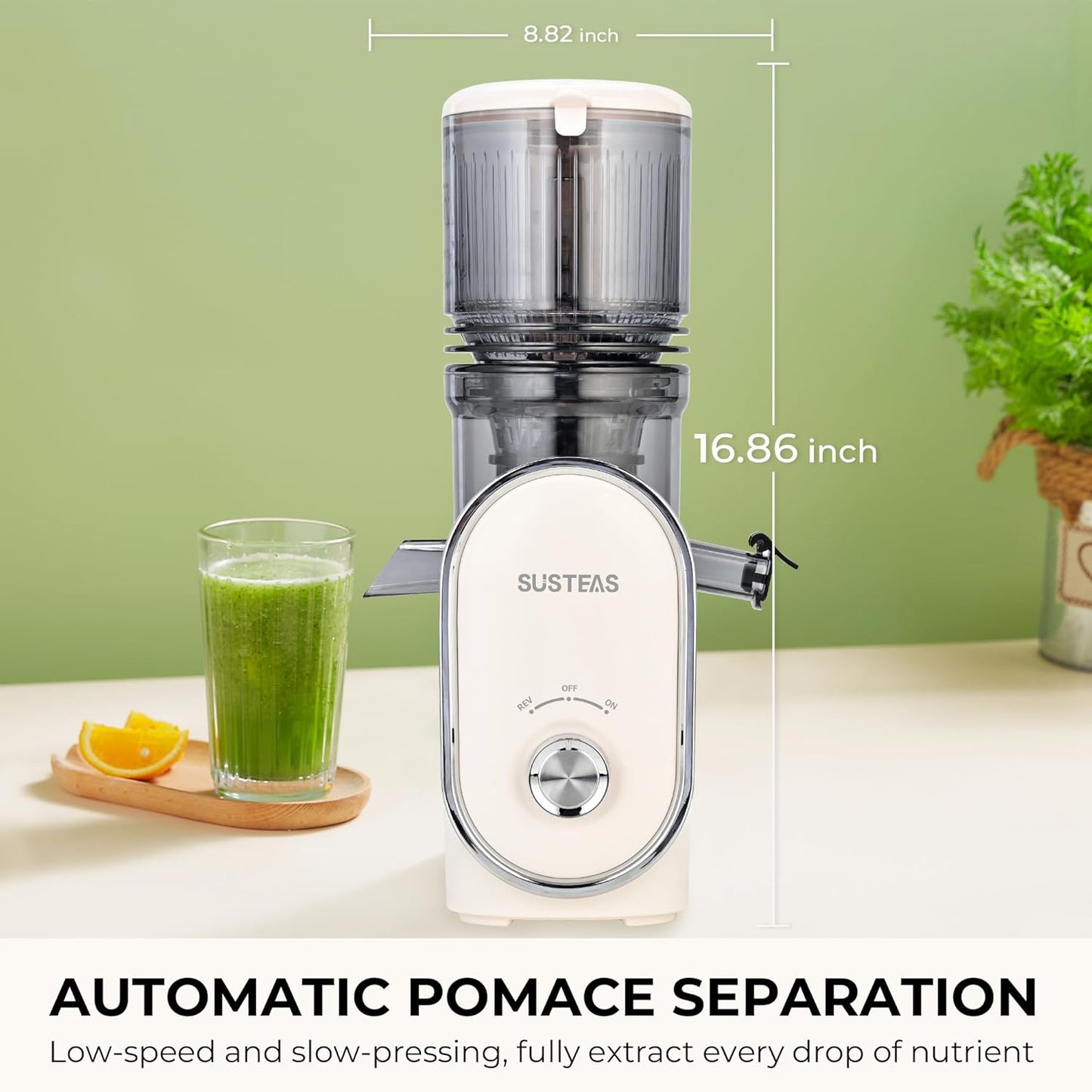 SUSTEAS Cold Press Juicer, 5.3" Feed Chute Slow Masticating Machines with 300W, Fit Whole Fruits & Vegetables, High Juice Yield, Easy to Clean, White