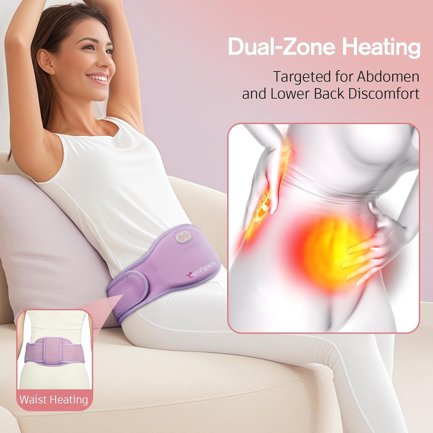 Comfytemp Portable Belly and Back Heating Pad for Period Soothing, FSA Eligible HSA Cordless Dual-Zone Menstrual Heating Pad Wearable Belt for Abdomen Waist, 3 Timer&Heat, Girl Women Mother Daughter