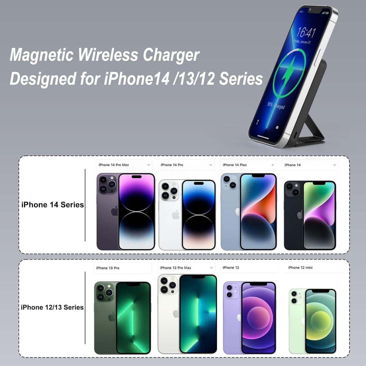 AOGUERBE Foldable 10000mAh Wireless Portable Charger for iPhone 15/14/13/12 Pro/Pro Max/Plus/Mini (Black + Black)