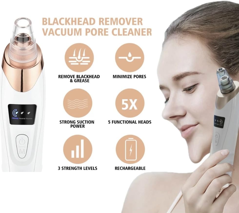 2024 Blackhead Remover Pore Vacuum,Facial Pore Cleaner-5 Suction Power,5 Probes,USB Rechargeable Blackhead Vacuum Kit Electric Acne Extractor Tool for Adult (White)