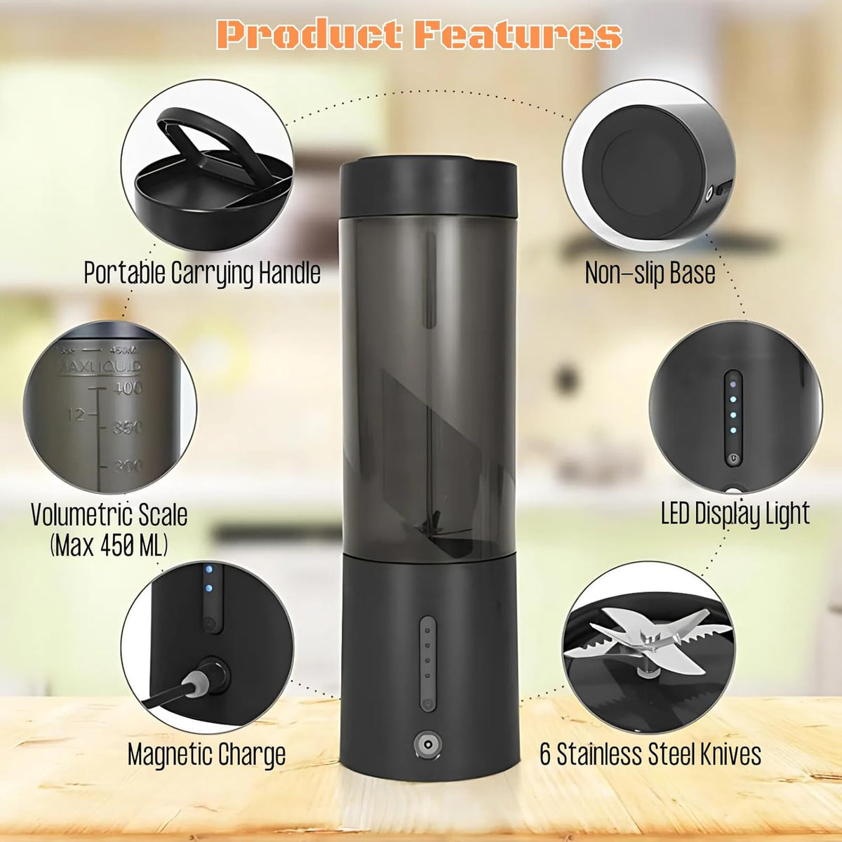 Portable Juicer Blender, USB Rechargeable Smoothie Maker with 6 Upgraded Blades and 4000mAh Battery, 450ml/15oz Capacity, Ideal for Smoothies, Protein Shakes, Travel and Office (Mint Blue)