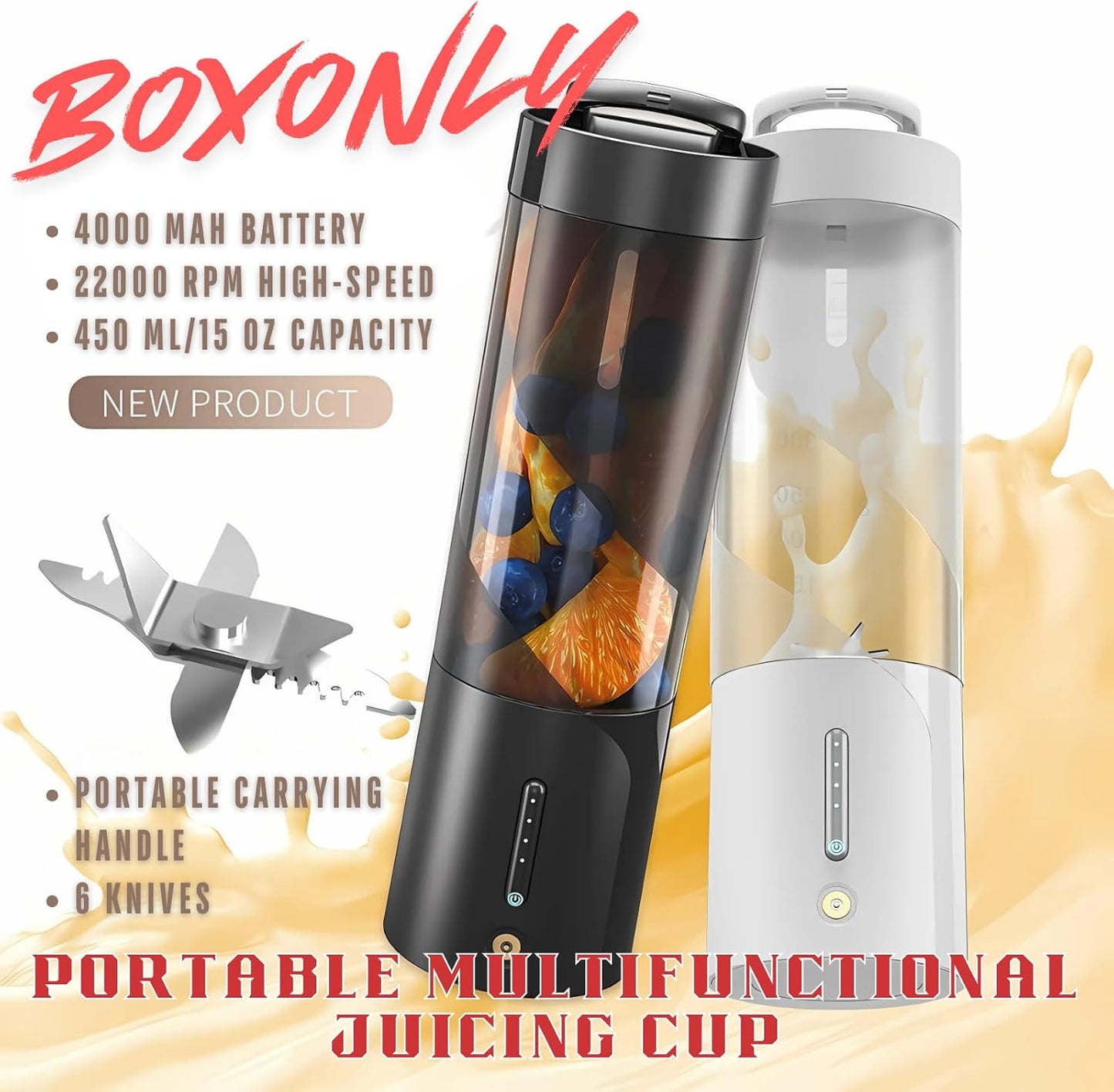 Portable Juicer Blender, USB Rechargeable Smoothie Maker with 6 Upgraded Blades and 4000mAh Battery, 450ml/15oz Capacity, Ideal for Smoothies, Protein Shakes, Travel and Office (Mint Blue)