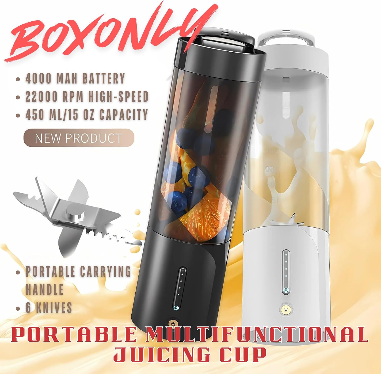 Portable Juicer Blender, USB Rechargeable Smoothie Maker with 6 Upgraded Blades and 4000mAh Battery, 450ml/15oz Capacity, Ideal for Smoothies, Protein Shakes, Travel and Office (Mint Blue)