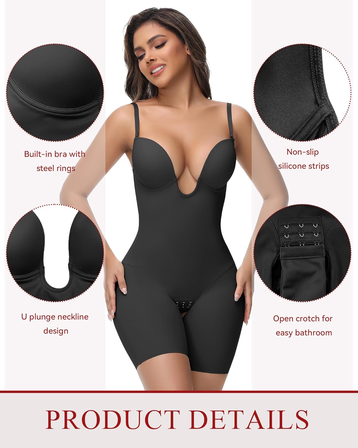 SHAPSHE Backless Shapewear Strapless Deep U Plunge Bodysuit for Women Built In Bra Tummy Control Low Back Body Shaper