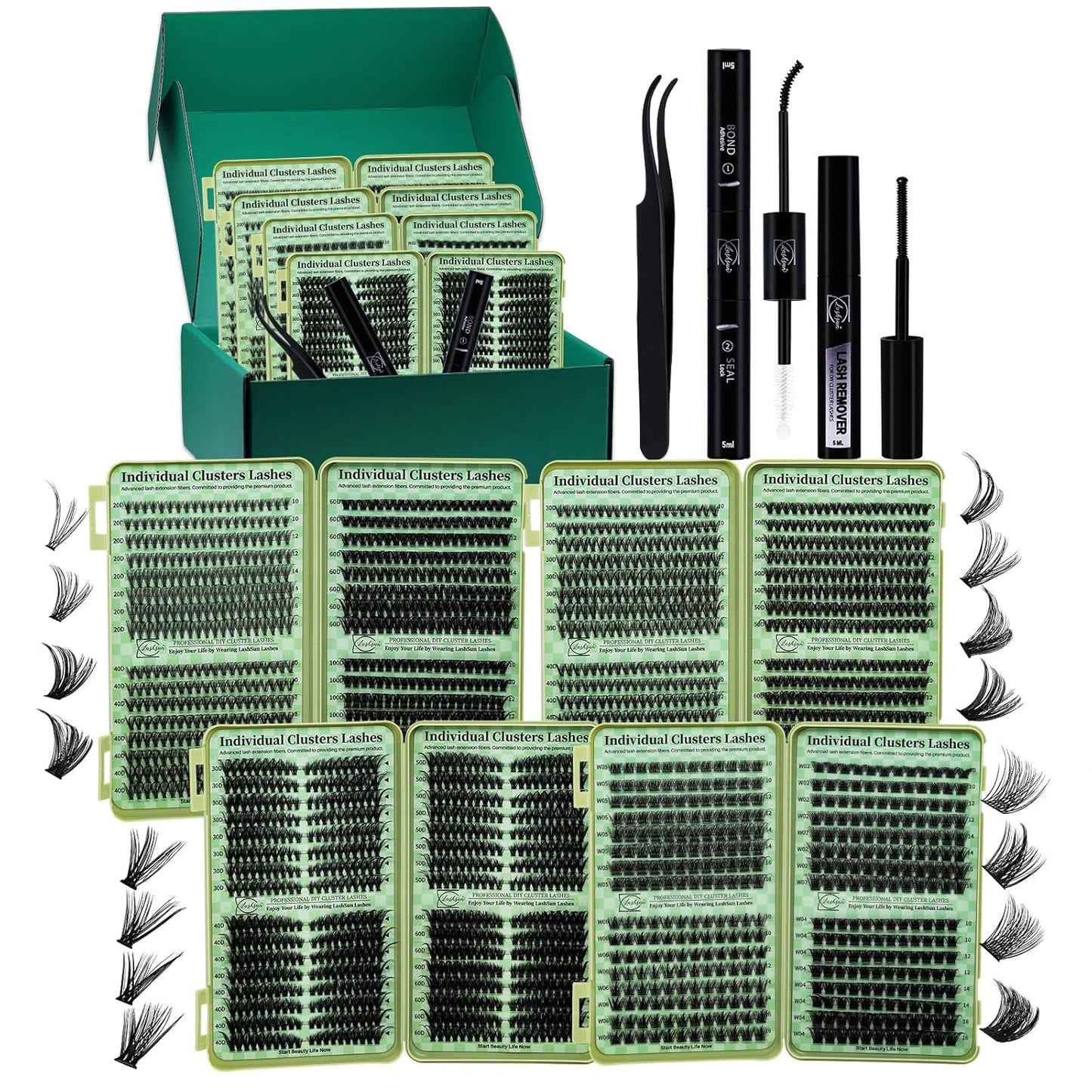Lash Extension Kit DIY Cluster Lashes Gift Packs 4 Boxes Lash Clusters Eyelash Extensions Cat Eye Lashes Cluster Lash Kit with Lash Bond and Seal,Remover,Lash Tweezers,7 Counts(4 Boxes Kit-1)