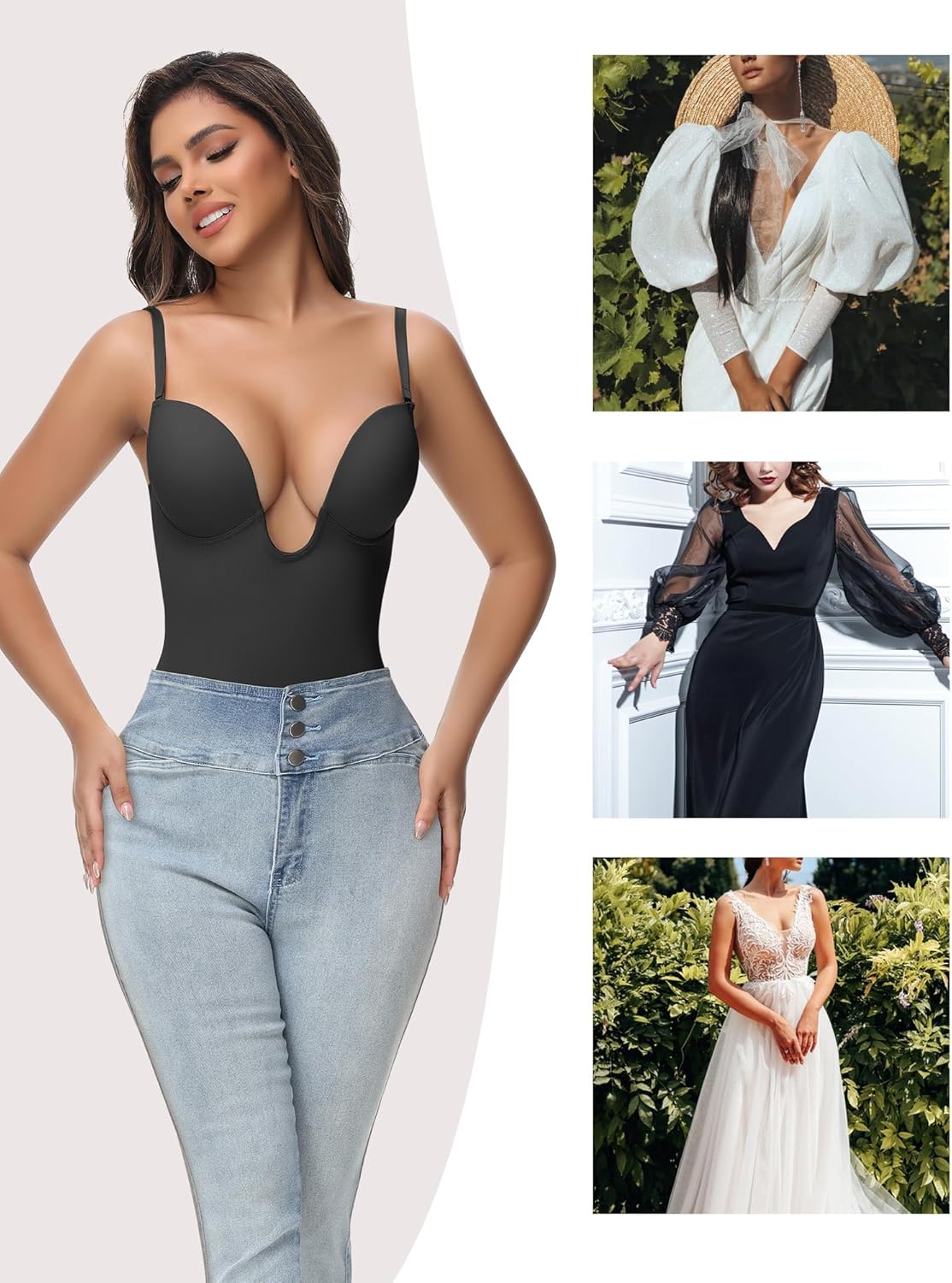 SHAPSHE Backless Shapewear Strapless Deep U Plunge Bodysuit for Women Built In Bra Tummy Control Low Back Body Shaper