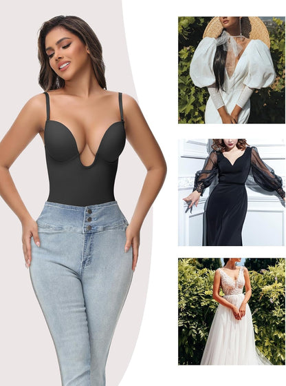 SHAPSHE Backless Shapewear Strapless Deep U Plunge Bodysuit for Women Built In Bra Tummy Control Low Back Body Shaper