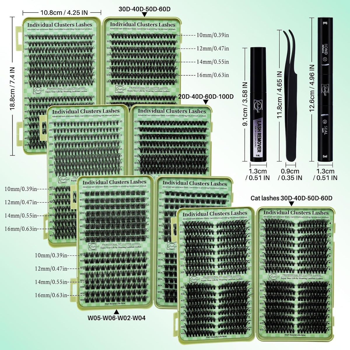Lash Extension Kit DIY Cluster Lashes Gift Packs 4 Boxes Lash Clusters Eyelash Extensions Cat Eye Lashes Cluster Lash Kit with Lash Bond and Seal,Remover,Lash Tweezers,7 Counts(4 Boxes Kit-1)