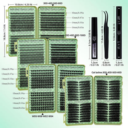 Lash Extension Kit DIY Cluster Lashes Gift Packs 4 Boxes Lash Clusters Eyelash Extensions Cat Eye Lashes Cluster Lash Kit with Lash Bond and Seal,Remover,Lash Tweezers,7 Counts(4 Boxes Kit-1)