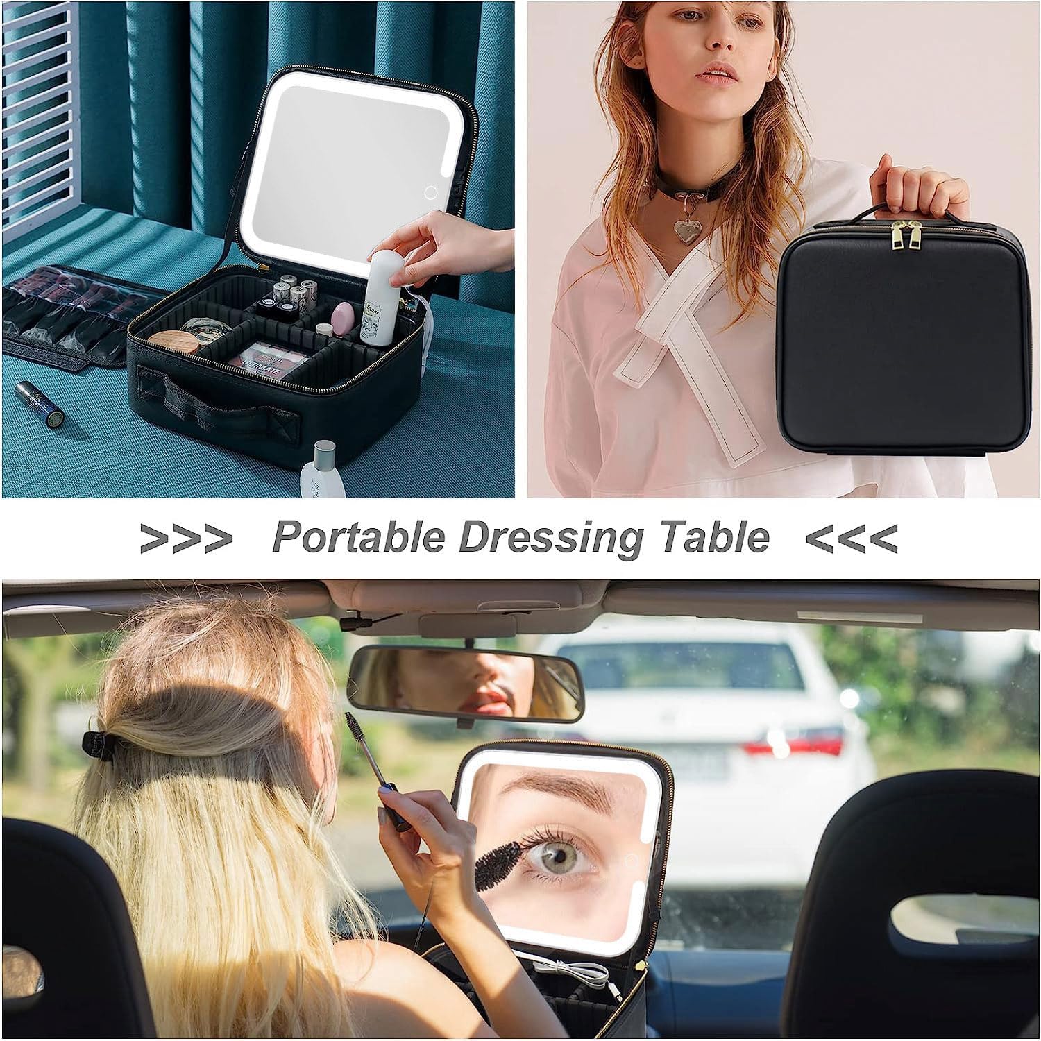 Makeup Organizer with LED Mirror, [3 Color and Stepless Dimmable] Rechargeable LED Light for Makeup Bag Train Case with Brushes Storage Organizer, Travel Box Cosmetic Bag for Women (Black)