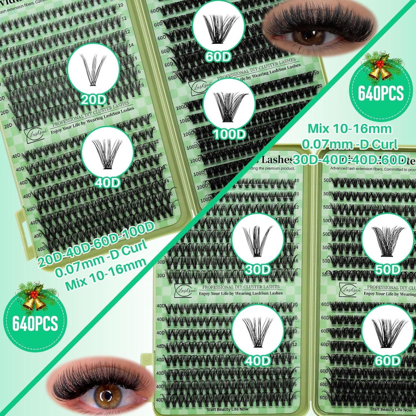 Lash Extension Kit DIY Cluster Lashes Gift Packs 4 Boxes Lash Clusters Eyelash Extensions Cat Eye Lashes Cluster Lash Kit with Lash Bond and Seal,Remover,Lash Tweezers,7 Counts(4 Boxes Kit-1)