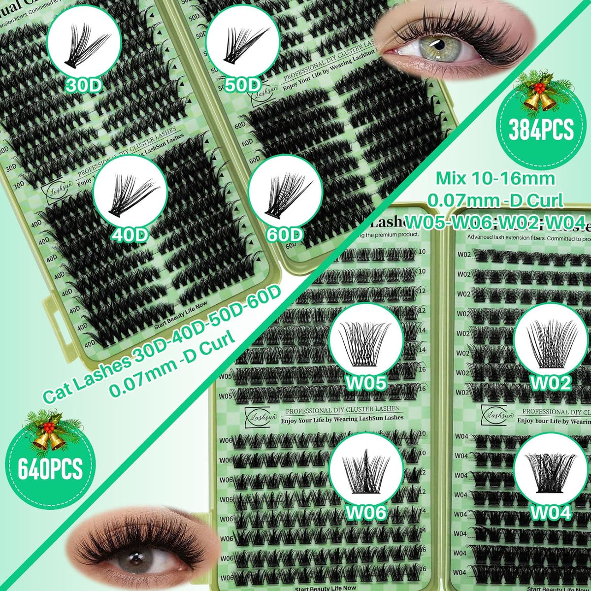 Lash Extension Kit DIY Cluster Lashes Gift Packs 4 Boxes Lash Clusters Eyelash Extensions Cat Eye Lashes Cluster Lash Kit with Lash Bond and Seal,Remover,Lash Tweezers,7 Counts(4 Boxes Kit-1)
