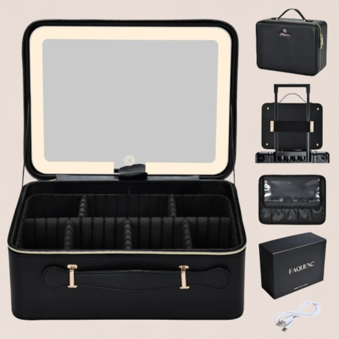 Faquenc 11.4 Inch Extra Large Makeup Bag with LED Lighted Mirror Leather Cosmetic Train Case Light up Mirror Portable Makeup Artist Storage Bag with Dividers Makeup Brush Holder Vanity Black
