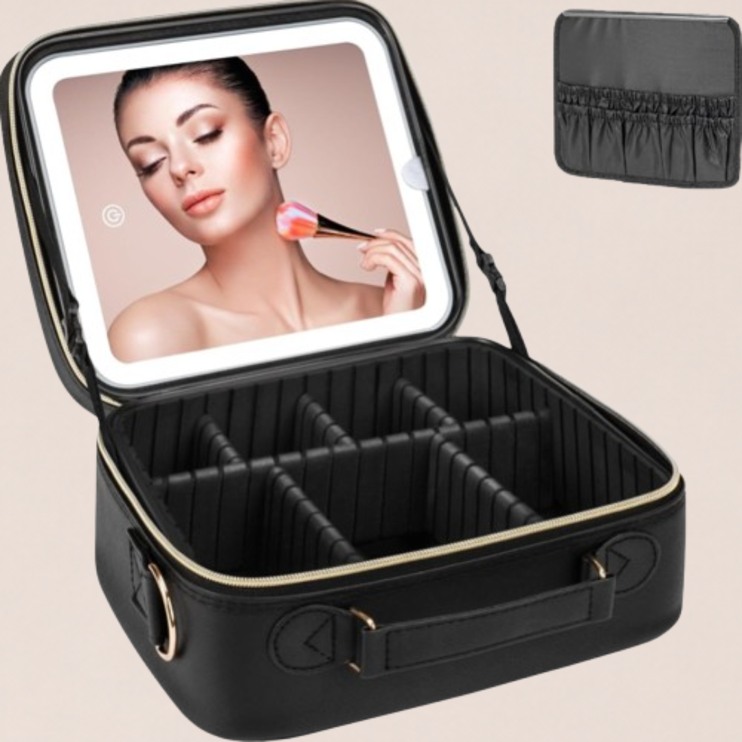 Makeup Organizer with LED Mirror, [3 Color and Stepless Dimmable] Rechargeable LED Light for Makeup Bag Train Case with Brushes Storage Organizer, Travel Box Cosmetic Bag for Women (Black)
